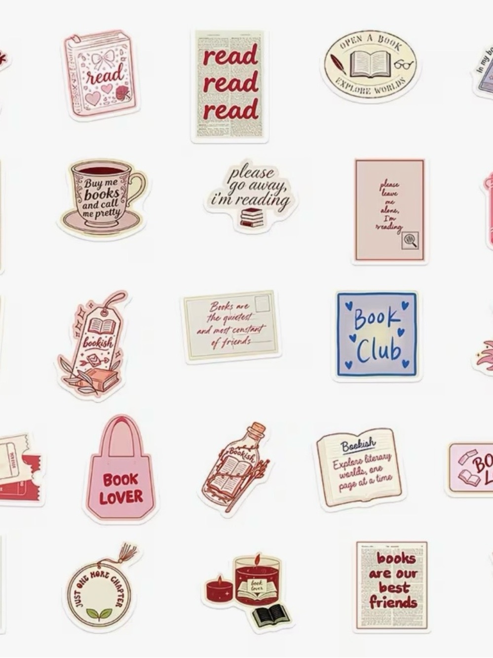 50 Bookish Sticker Pack - Cozy Reading Aesthetic (Pink, Cream, Red) - Picture 4 of 9
